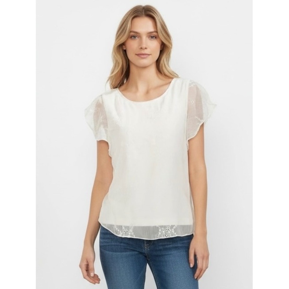 Vince Camuto Ivory White Floral Embroidered Flutter Sleeve Blouse XXS